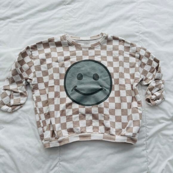 Roe + Cru White Ten Checkered Teal Smiley Face Graphic Print Sweatshirt Size 2T - Picture 1 of 6